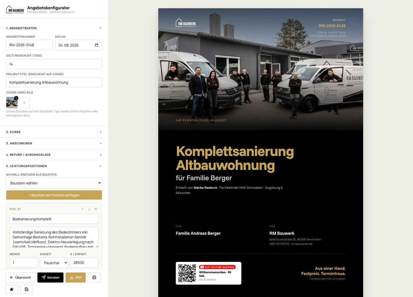 Der Angebots-Generator von RM Bauwerk: links das Formular mit Leistungsbausteinen, rechts die Live-Vorschau des fertigen Angebots.